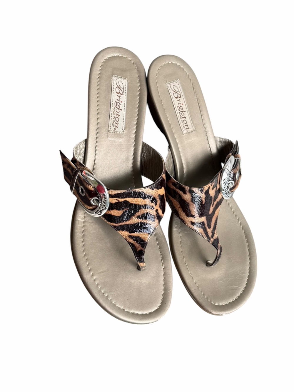 Brighton Leopard-Print Wedge Thong Sandals with Silver Buckle size 10